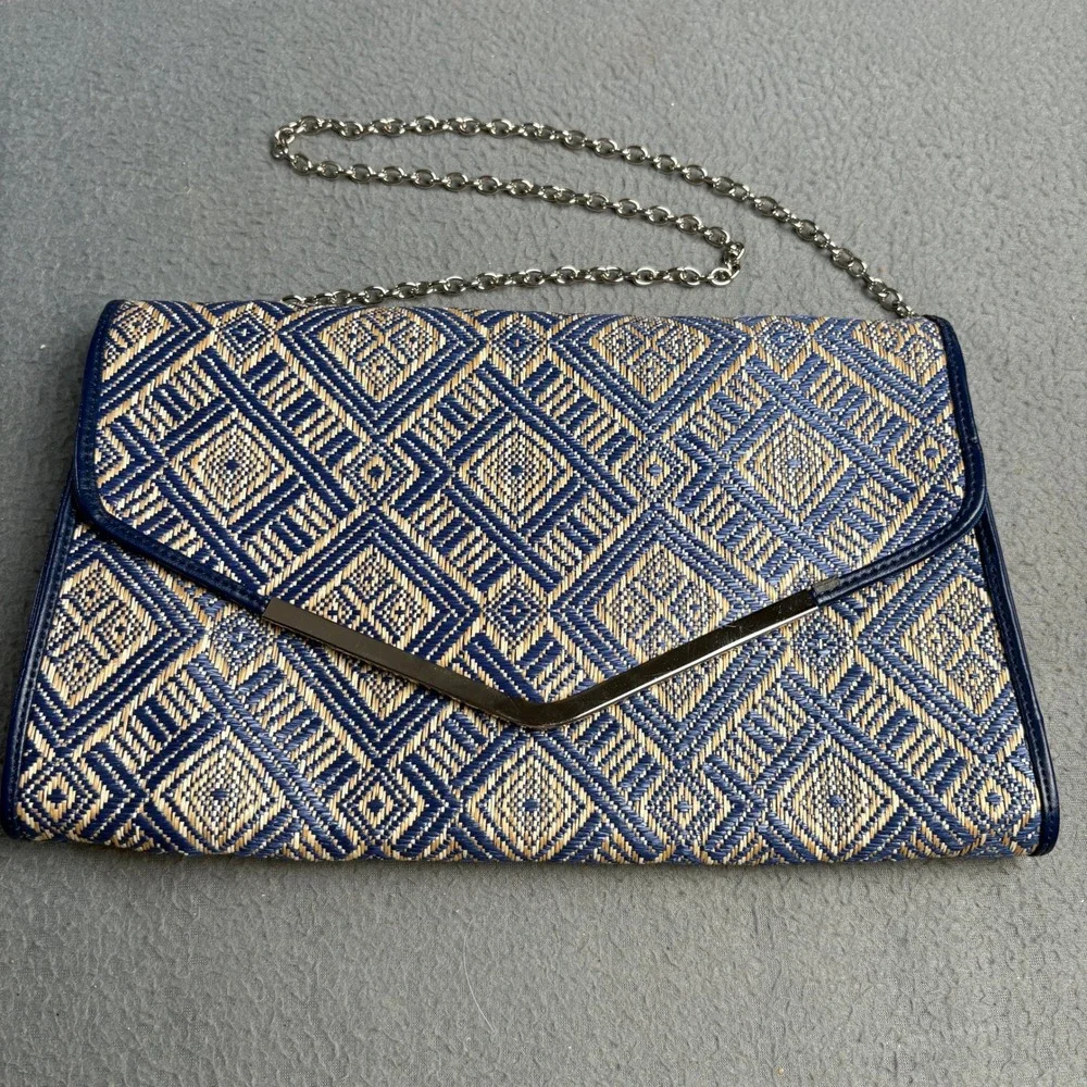 Poppie Jones Navy Blue Tan Woven Straw Geometric Envelope Clutch Chain Strap